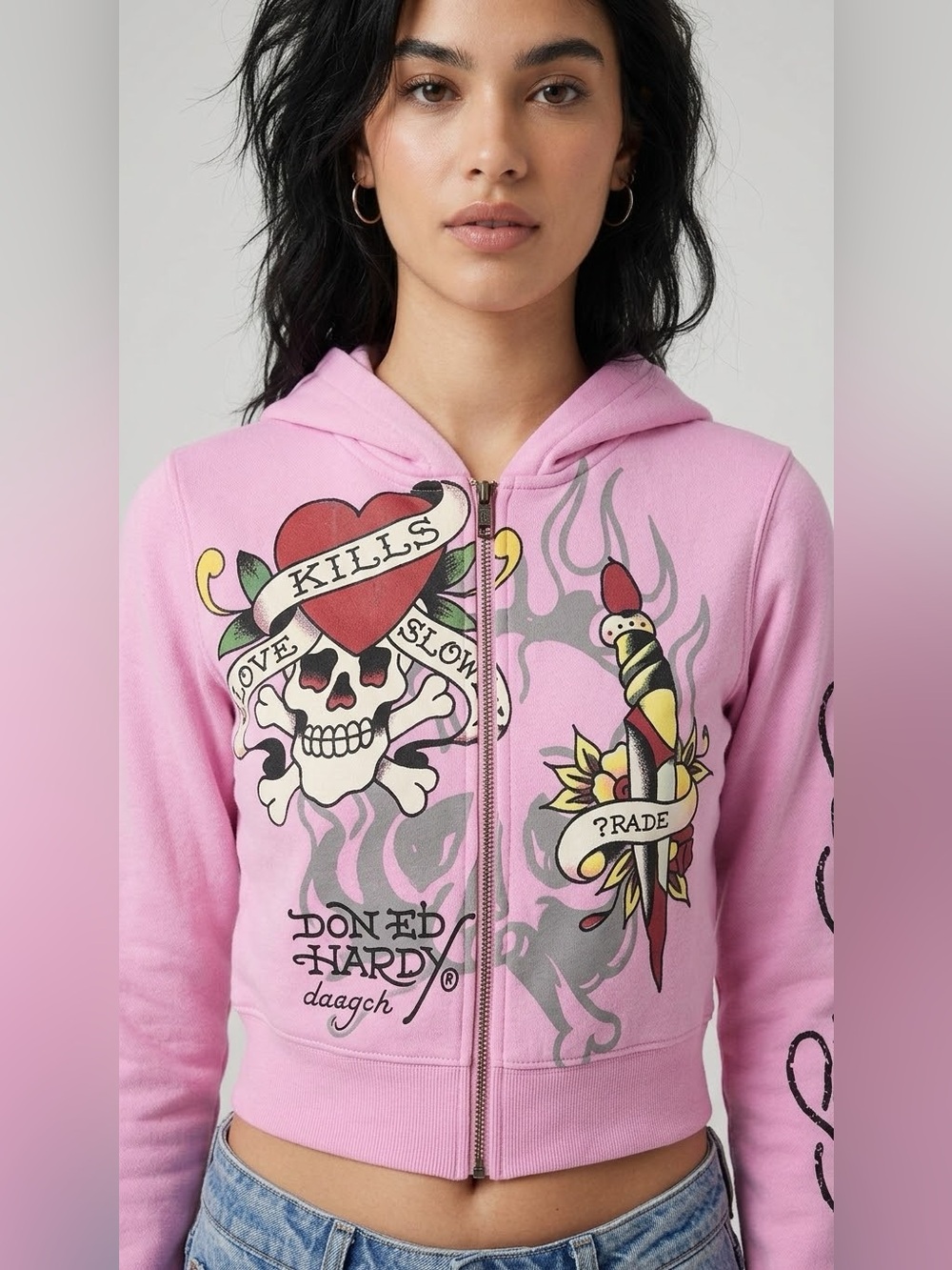 Ed Hardy Pink Kids Zip Hoodie with Skull, Heart & Dagger Graphic XS